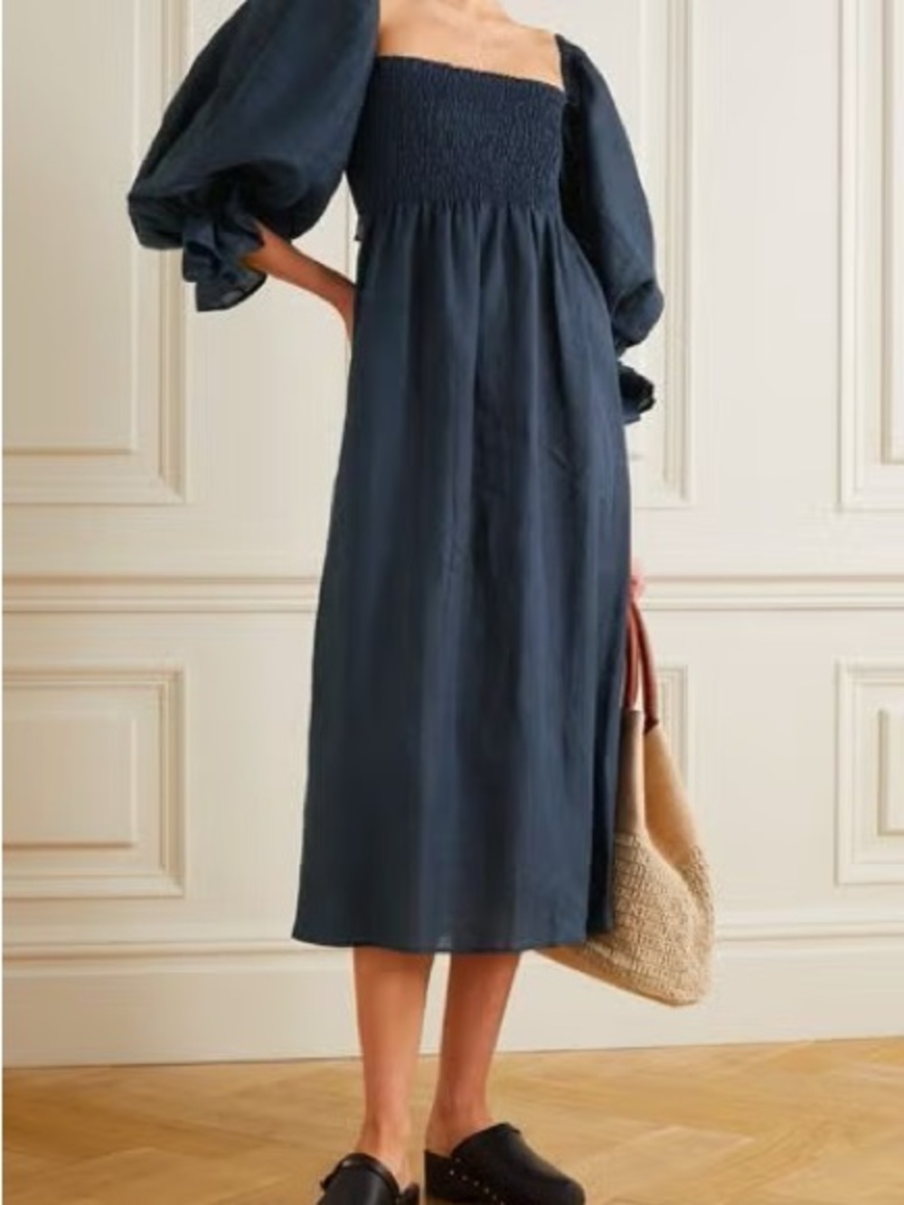 Sleeper “Atlanta” smocked square-neck linen dress with balloon sleeves